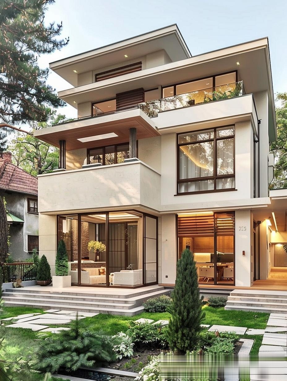 現代雙層住宅 米白外墻與紅瓦屋頂的和諧共融